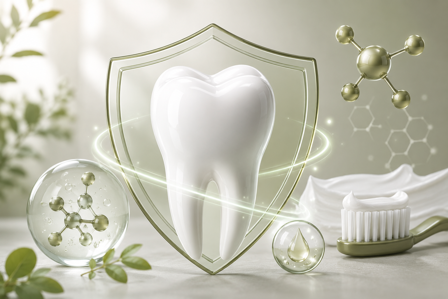 Fluoride benefits for oral health – white tooth protected by a shield with fluoride molecules and toothbrush representing enamel strength and cavity prevention