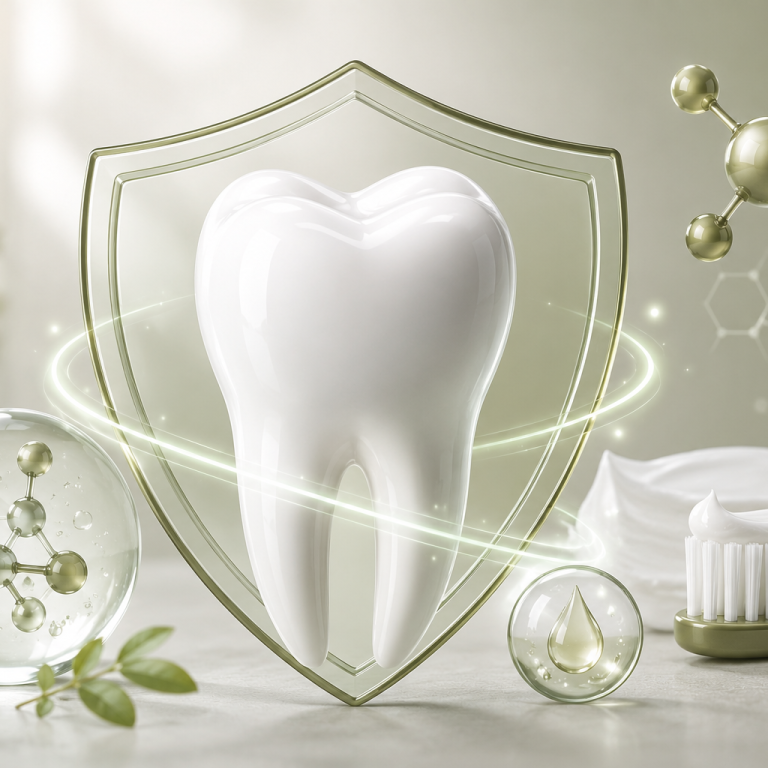 Fluoride benefits for oral health – white tooth protected by a shield with fluoride molecules and toothbrush representing enamel strength and cavity prevention